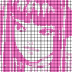 a pink and white cross stitch pattern with a woman's face in the center