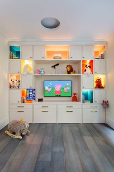 a cat sitting on the floor in front of a tv