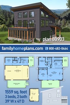 two story house plan with 3 bedroom and 2 bathrooms in the front, three car garage on