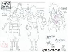 some anime character sketches are shown in black and white