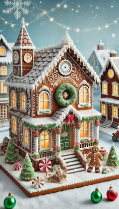 a gingerbread house with christmas decorations and lights