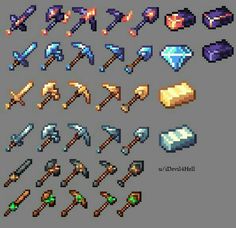 an image of pixel art with different types of tools and materials on it's side