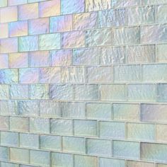 Splash Glacier White 2x4 Polished Glass Mosiac Tile | Tilebar.com Iridescent Tile Bathroom, Mermaid Tile Bathroom, Mermaid Tile, Glass Tile Bathroom, Iridescent Tile, Affordable Tile, Glass Brick