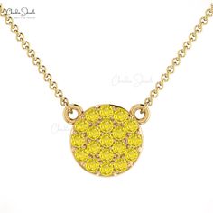 This 14k gold pendant features a round cut 1mm Yellow Sapphire in the center. The 19 pieces of sapphires arrange in a graceful circular way and set by pave settings. Yellow Sapphire is the birthstone of September and is also known as Neelam. The length of the cable chain is 16 inches with a spring-ring closure. The quality of the soothing Yellow Sapphire gemstone is AAA with 8.29mm in width and 1.73mm in height. Check out Chordia jewels today to shop our Yellow Sapphire necklace collection and m Yellow Sapphire Necklace, Solid Gold Necklace, Necklace Collection, Solid Gold Chains, Sapphire Necklace, Sapphire Stone, Yellow Sapphire, Sapphire Gemstone, Dainty Necklace