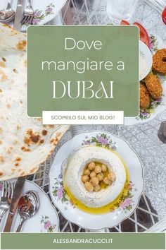 an image of a table with food on it and the words dove mangiare a duba written in spanish