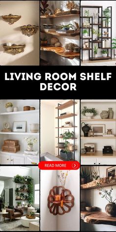 living room shelf decor is featured in this collage