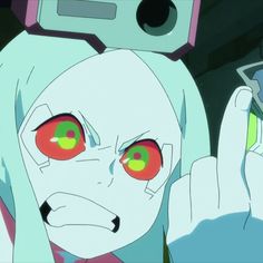 an anime character with red eyes and white hair holding a cell phone up to her face