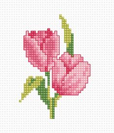 two pink flowers with green stems are shown in this cross - stitch pattern on a white background