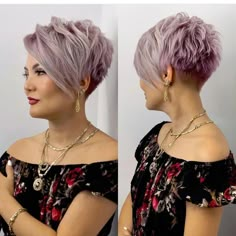 Sassy Hair Color Ideas, Hair Roots Color, Undercut Pixie Haircut For Older Women, Short Asymmetrical Haircut, Asymmetrical Pixie Haircut, Pixie Hair Color, Asymmetrical Pixie Cuts, Short Spiked Hair