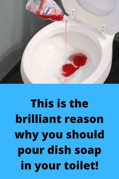 a toilet with the lid up and someone pouring red liquid into it that is in front of a blue sign