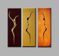 three abstract paintings on the wall, one with a woman's body in gold and brown