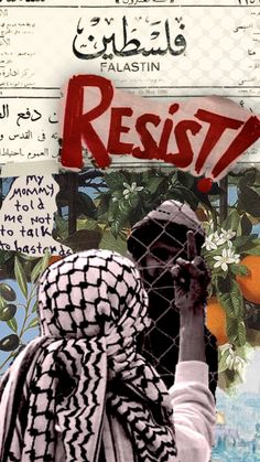 a woman holding up a piece of paper with the word resist written on it and an orange tree in the background