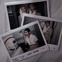 three polaroid photos of women in airline uniforms on the phone, with one woman talking on her cellphone