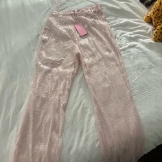 Pink Nwt Sequin Pants Size M Glamorous Pink Wide Leg Bottoms, Chic Sequined Bottoms For Spring, Summer Straight Pants With Sequins, Glamorous Pink High-waisted Pants, Spring Party Straight Leg Pants, Glamorous Pink Trousers, Spring Straight Leg Pants For Party, Glamorous Summer Straight Leg Pants, Glamorous Straight Leg Summer Pants