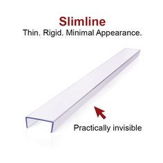 a white shelf with red arrows pointing to it and the words slimline thin ridd minimal appearance practically invisible