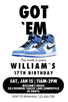 an advertisement for the nike air jordan's birthday party, featuring blue and white sneakers