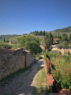 an alley way with stone walls and green fields in the background, surrounded by greenery