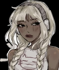 a drawing of a girl with long blonde hair and horns on her head, looking at the camera