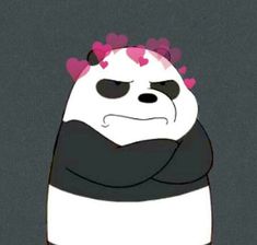 a panda bear with pink hearts on its head and arms wrapped around it's neck