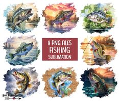 eight fishing sublimation photoshopped on watercolor paper with the words 8 png files