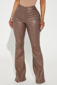 Available In Black And Chocolate. Flare Pant Mid Rise Button & Zip Closure Seaming Detail Hand Pockets Coated Faux Leather Stretch Self 70% Viscose 20% Nylon 10% Spandex Imported California Proposition 65 WARNING: Cancer and Reproductive Harm - www.P65Warnings.ca.gov. | Going Big Coated Flare Pant in Chocolate Brown size Small by Fashion Nova Chocolate Fashion, Leather Pants Women, Flare Pant, Coat Pocket, Flare Pants, Chocolate Brown, Fashion Nova, Leather Pants, Mid Rise