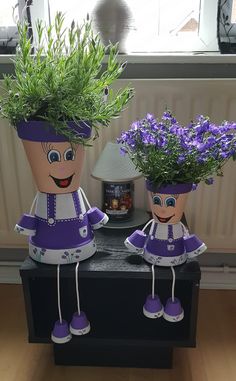 two planters with purple flowers in them sitting on a black table next to a window