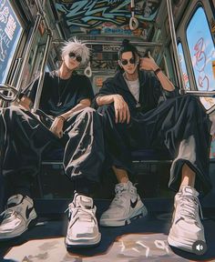 two people sitting on a bus with their legs crossed and one person wearing white sneakers