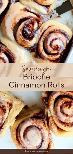 some cinnamon rolls sitting on top of a white plate with the words sourdough brioche cinnamon rolls