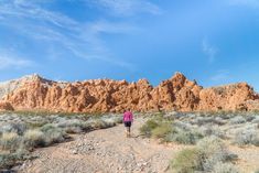 a person walking down a dirt road in front of some rocks and bushes on a sunny day