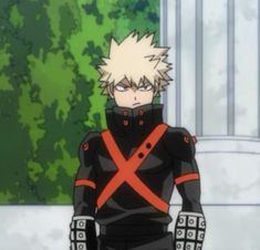 an anime character in black and red outfit with his hands on his hips looking at the camera