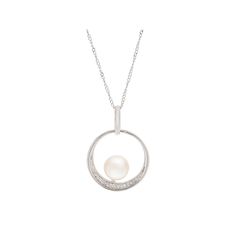 A circle pendant emphasized with a freshwater cultured pearl and cubic zirconia accents gives this necklace a brilliant look. PENDANT DETAILS Pendant length: 1 in. Chain length: 18 in. Chain type: curb Clasp: spring-ring Metal: sterling silver Plating: rhodium Packaging: boxed CULTURED PEARL DETAILS Type: freshwater Shape: round Size: 7-8 mm Color: bleached whiteCUBIC ZIRCONIA DETAILSTotal weight: less than 1/10 ct.Shape: roundSetting: paveGemstones may have been treated to enhance their appeara Anniversary Pearl Necklace With Diamond Accents, Diamond White Akoya Pearl Round Necklace, Diamond White Pearl Drop Necklace, Round Akoya Pearl Necklace With Diamond Accents, Diamond Necklace With Pearl Charm And Round Shape, Pearl Necklace With Diamond Accents, Round Pearl Necklace With Diamond Accents, Pearl White Cubic Zirconia Pearl Necklace, Round Pearl Drop Necklace With Cubic Zirconia