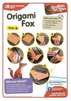 an origami fox is shown with instructions on how to make it and how to use