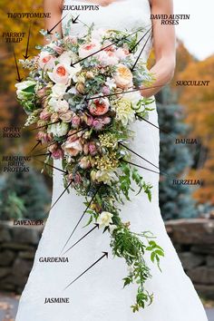 the parts of a bridal gown on a woman's body with flowers and leaves