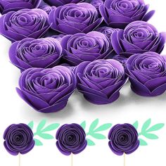 purple paper flowers with green leaves on them