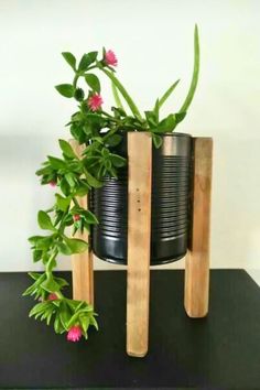 a potted plant sitting on top of a wooden stand