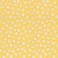 a yellow background with small white and green flowers on the bottom half of each flower