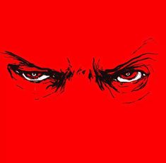 an evil looking man's eyes are shown in black and red ink on a red background