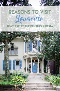 a white house with blue shutters and steps leading up to the front door that says,