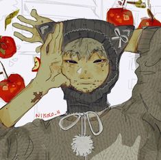 a drawing of a person holding their hands up to their head with apples in the background