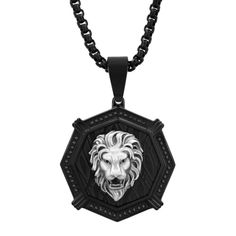 1/4ctw black diamond stainless steel white lion face pendant. Includes a 24-inch stainless steel black box link chain necklace with a lobster claw closure. Black Stainless Steel Cable Chain Necklace, Black Stainless Steel Medallion Necklaces, Black Stainless Steel Medallion Necklace, Black Medallion Stainless Steel Necklaces, Black Metal Jewelry With Cable Chain, Black Metal Medallion Jewelry, Black Medallion Metal Jewelry, Face Pendant, White Lion