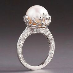 Regal Fleur De Lys Ring With 12mm Faux Pearl With Cz Accents, Size 6. The Fleur De Lys Represents The Trinity As Well As Being The Royal Symbol Of France. Beautifully Feminine With Its Carved Designed Band This Is Perfect For A Evening Out. I Am A Top Rated Seller And A G.I.A. Graduate Gemologist. Please See What My Customers Say And Shop With Confidence. Bridal Wedding 14 Kt 18 Kt Diamond Ruby Emerald Pearl Tahitian South Sea Sapphire Gold Sterling Silver Ring Earring Pendant Bracelet Piercings The Bling Ring, Pearl Engagement Ring, Gold Pearl Ring, Pearl And Diamond Ring, Pearl Types, Pearl Diamond, Rings For Women, Womens Engagement Rings, Pearl Ring