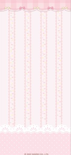 a pink wallpaper with white lace and polka dots on the border, in front of a