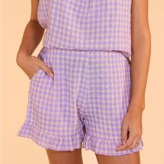 Brand New With Tags. Size L. Elastic Waist In Back. Pockets. Smoke And Pet Free Home. Spring Gingham Pajama Shorts, Spring Gingham Shorts For Loungewear, Lavender Bottoms With Elastic Waistband For Spring, Purple Pajama Shorts For Spring, Purple Spring Pajama Shorts, Cute Ruffled Shorts For Loungewear, Summer Purple Lounge Shorts, Summer Purple Loungewear Shorts, Purple Loungewear Shorts For Summer