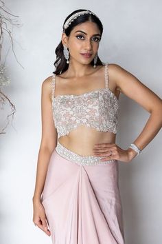 Shop for Sunita Bhandari Pink Viscose Crepe Embroidered Blouse And Draped Skirt Set for Women Online at Aza Fashions Pearl Work, Padded Blouse, Draped Skirt, Sweetheart Neck, Cut Work, Embroidered Blouse, Vintage Pattern, Set For Women, Aza Fashion