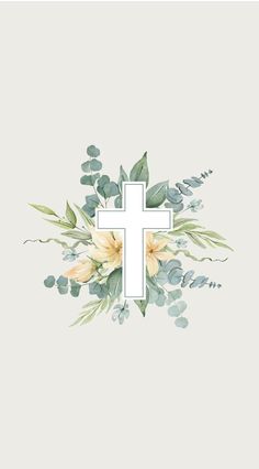 a cross with flowers and greenery around it on a light gray background, surrounded by green leaves