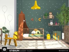 a child's room with green walls and yellow furniture