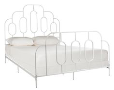 a white metal bed frame with two pillows on the bottom and one pillow in the middle