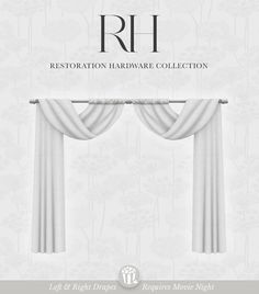 an advertisement for restoration hardware collection featuring white drapes and floral wallpaper, with the logo