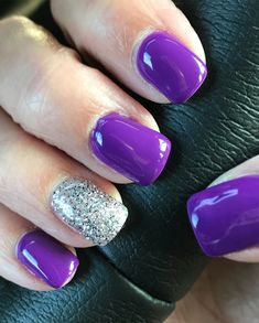 Purple “Color: Grape Jelly” gel nails with gel polish...and a sparkly silver accent nail. Purple And Silver Gel Nails, Purple And Silver Glitter Nails, Purple Nails With Accent Nail, Purple Gel Nails Short, Purple Gel Nails Ideas, Purple Jelly Nails, Jelly Gel Nails, Nails With Gel Polish