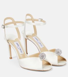 Sacora 85 embellished satin sandals in white - Jimmy Choo | Mytheresa Jimmy Choo Sacora, Satin Sandals, Embellished Sandals, Fashion Heels, Jimmy Choo Shoes, Sandal Fashion, Dress Sandals, Wedding Shoes